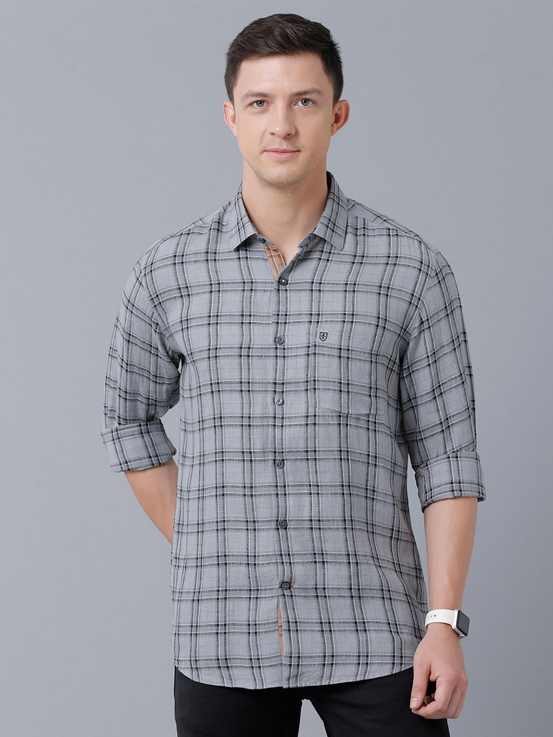 

Linen Club Men Checked Sustainable Casual Shirt, Grey