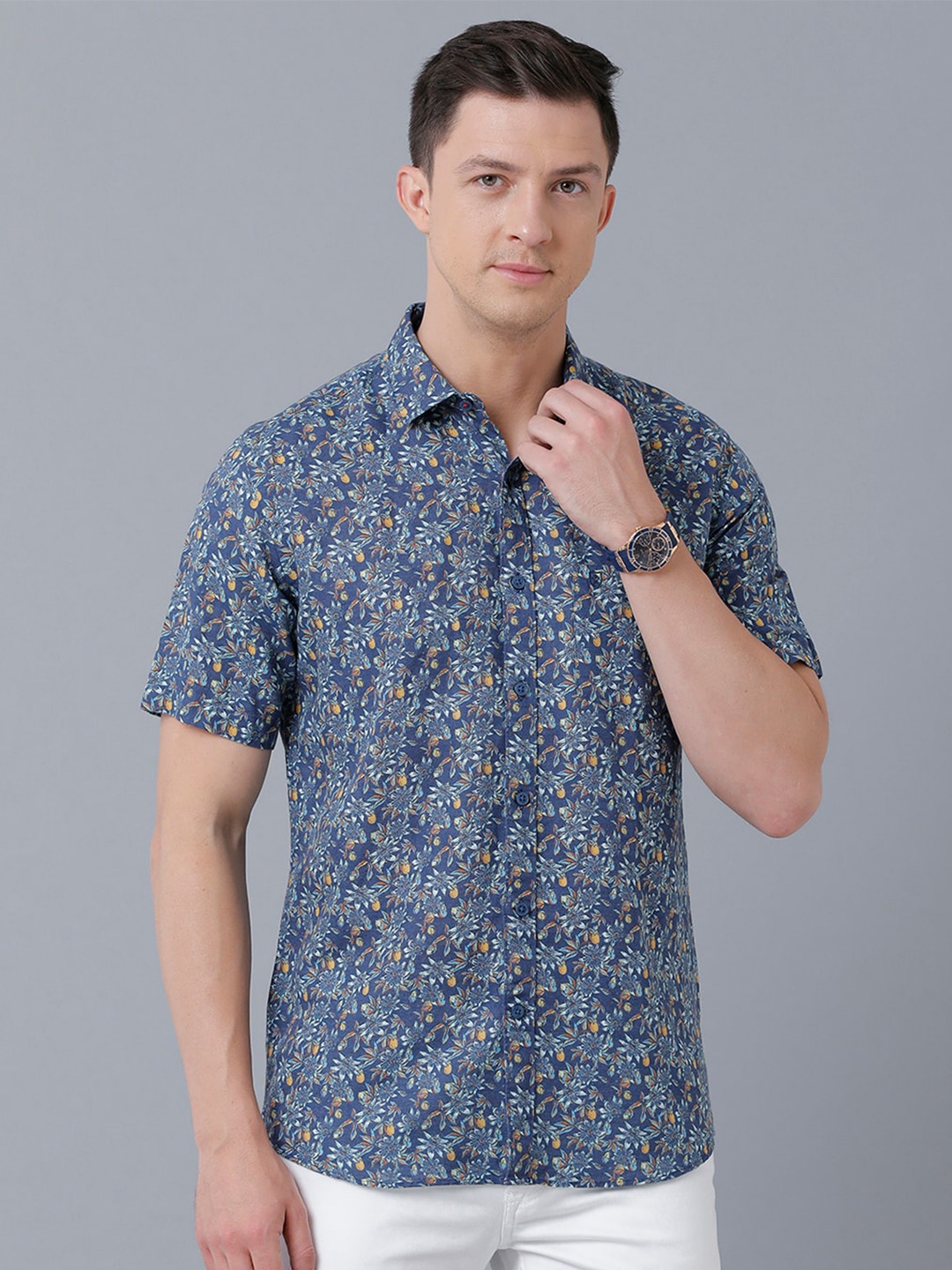 

Linen Club Men Floral Printed Spread Collar Sustainable Casual Shirt, Blue