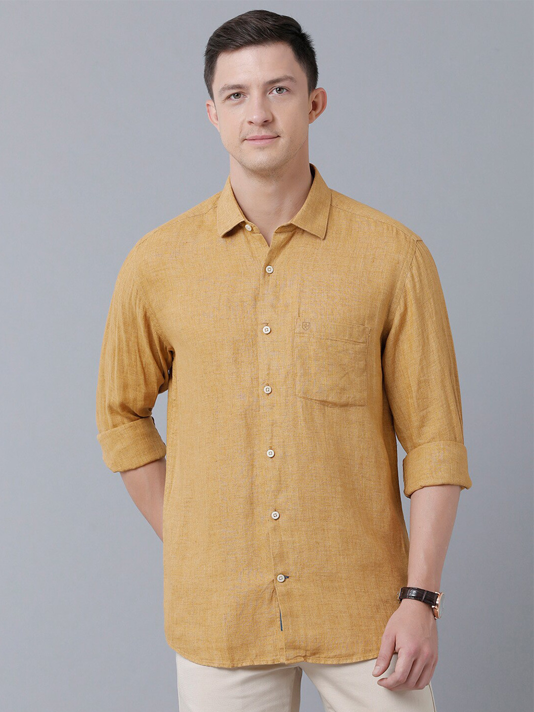

Linen Club Men Pure Linen Sustainable Casual Shirt, Yellow