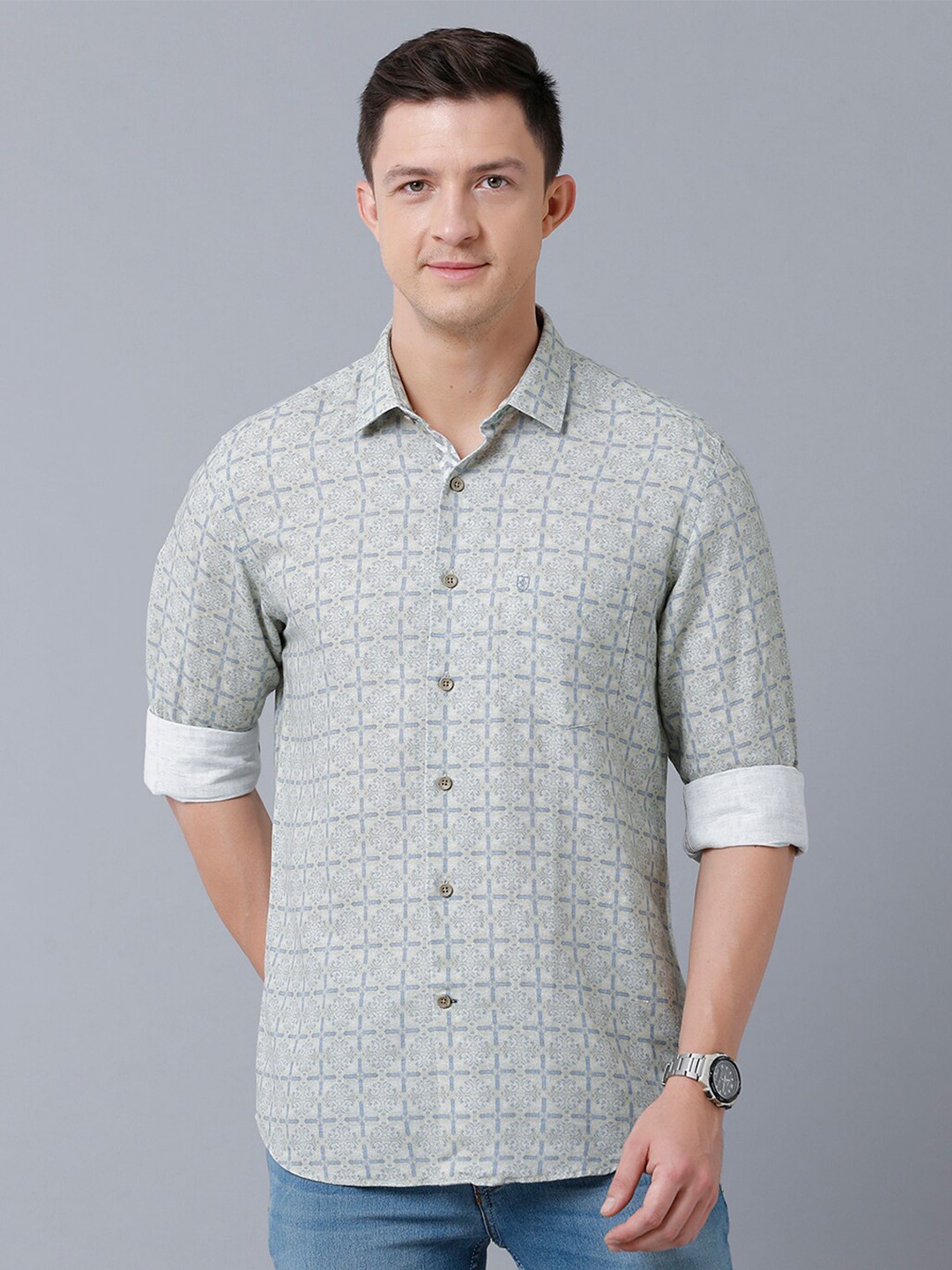 

Linen Club Men Printed Sustainable Casual Linen Shirt, Blue