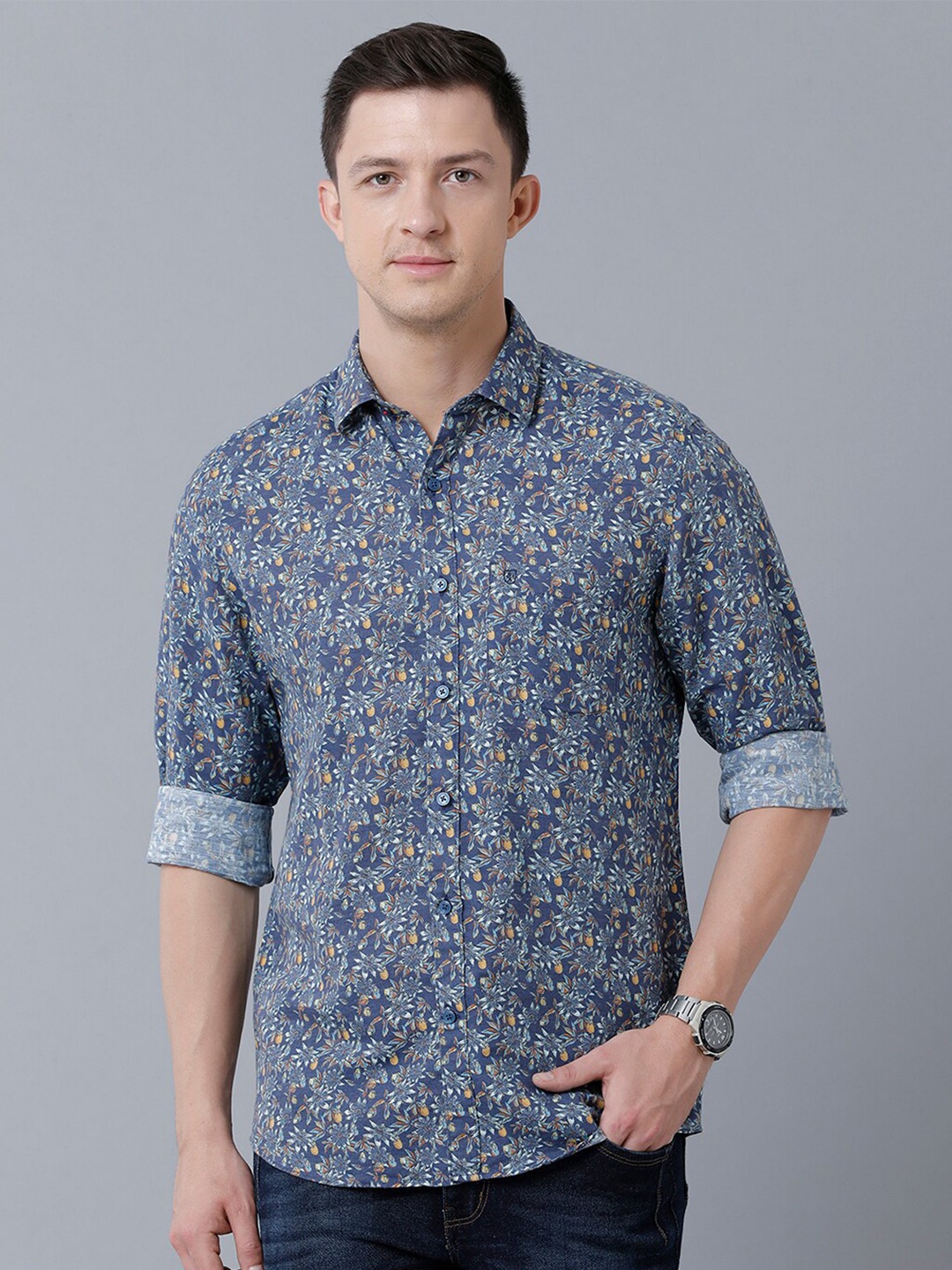

Linen Club Men Floral Printed Sustainable Casual Shirt, Blue