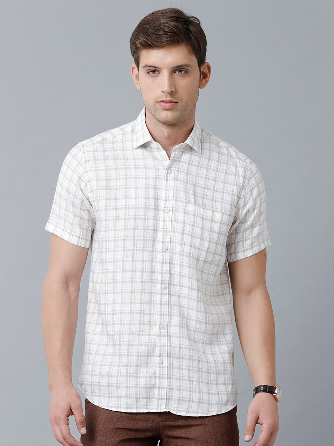 

Linen Club Men Checked Pure Linen Sustainable Casual Shirt, Beige