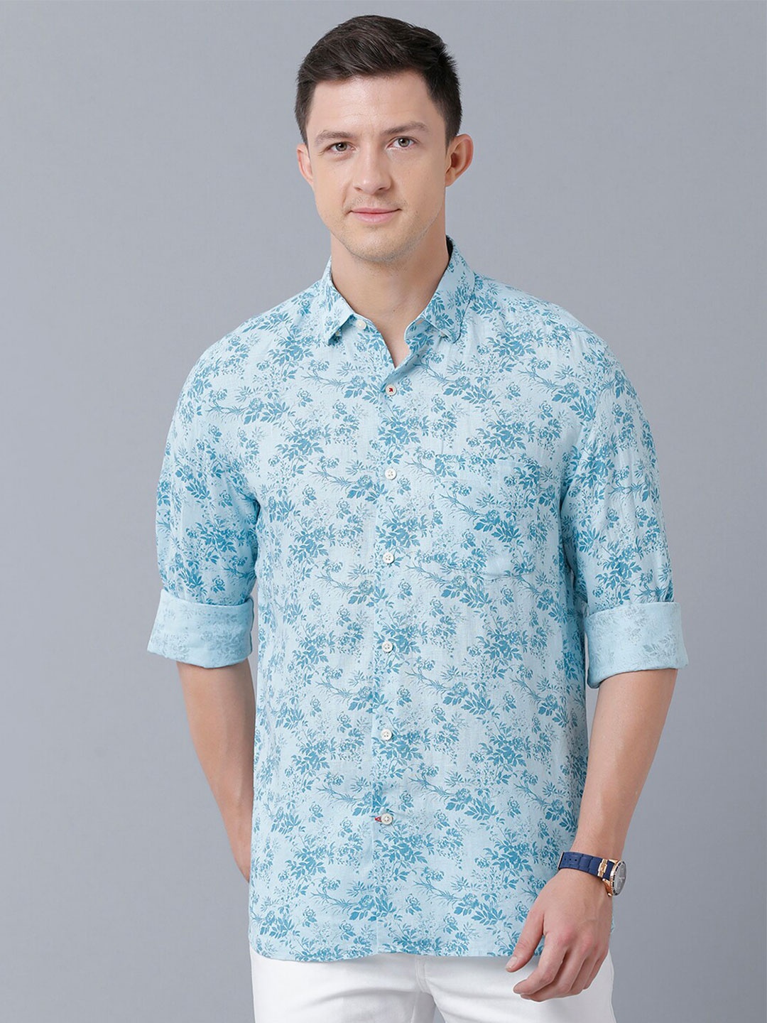 

Linen Club Men Floral Printed Pure Linen Casual Shirt, Blue