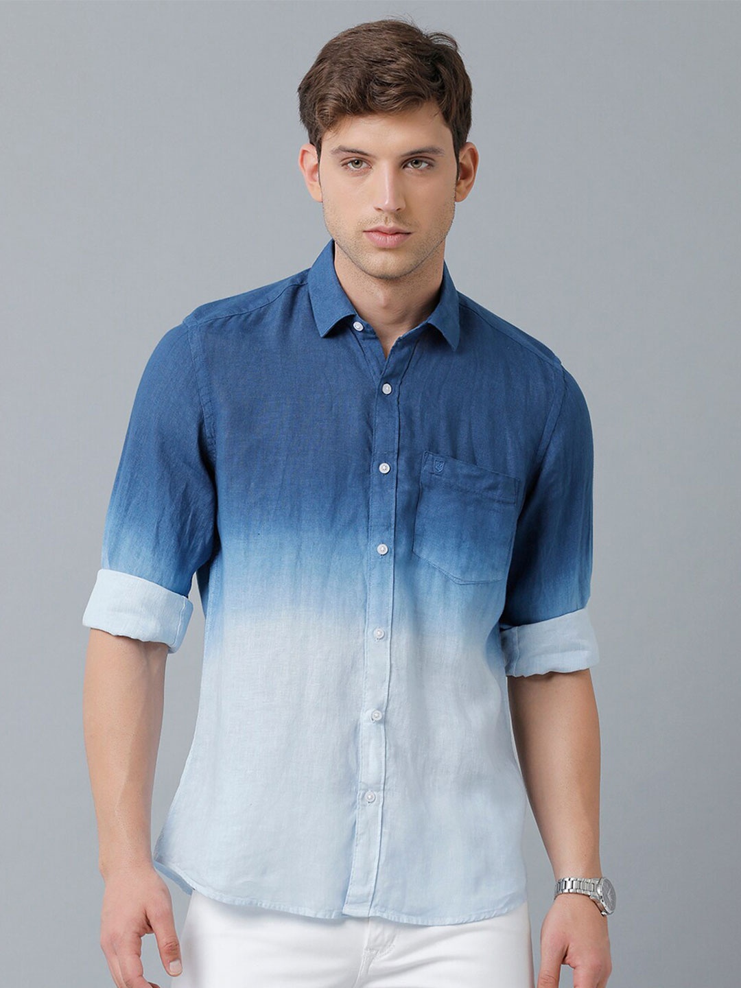 

Linen Club Men Faded Faded Casual Pure Linen Shirt, Blue