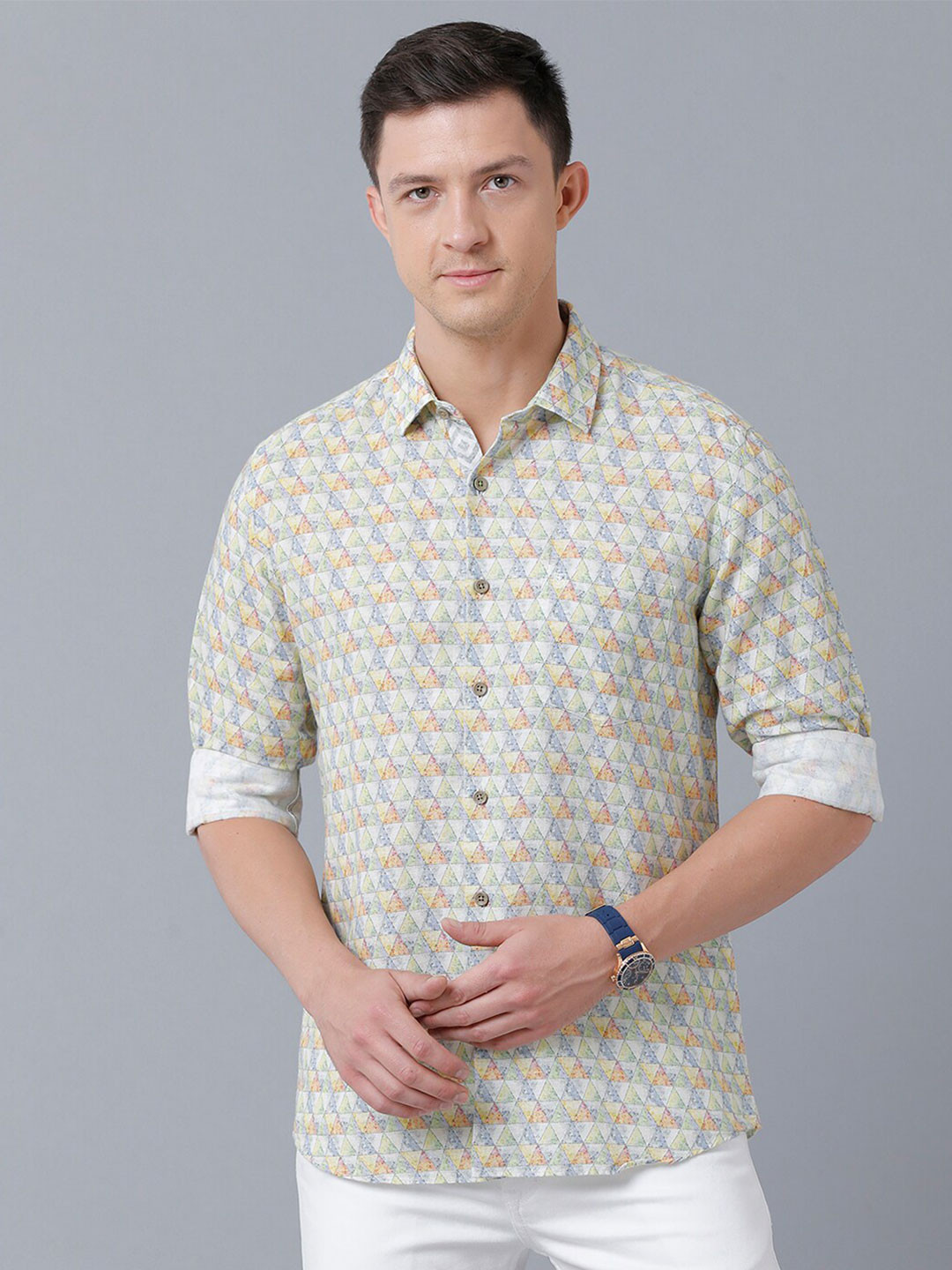 

Linen Club Men Printed Sustainable Casual Linen Shirt, Yellow