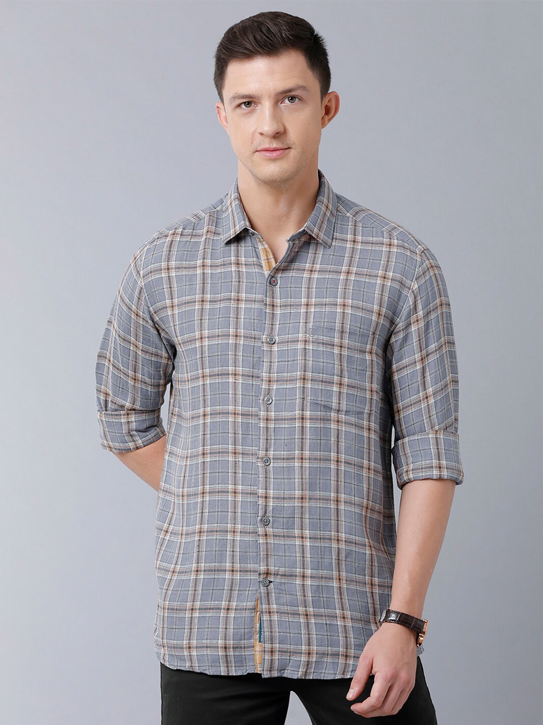 

Linen Club Men Tartan Checks Checked Sustainable Casual Pure Linen Shirt, Grey