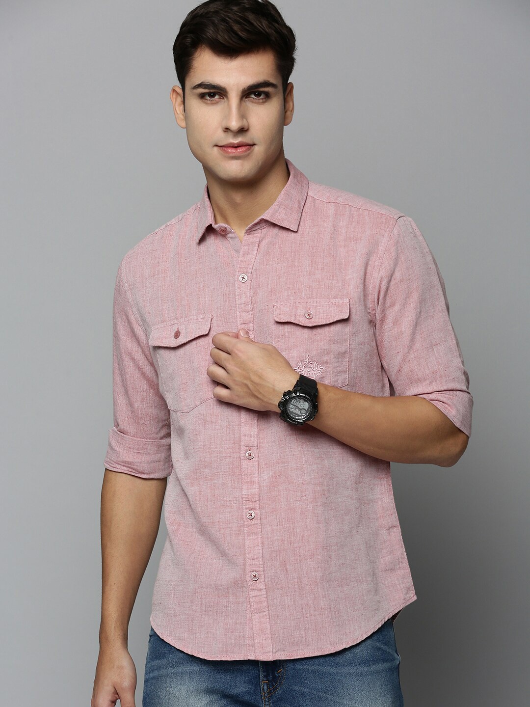 

SHOWOFF Men Spread Collar Classic Casual Linen Shirt, Pink