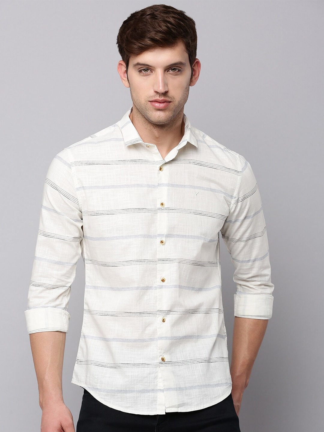 

SHOWOFF Men Classic Horizontal Stripes Striped Casual Linen Shirt, Off white