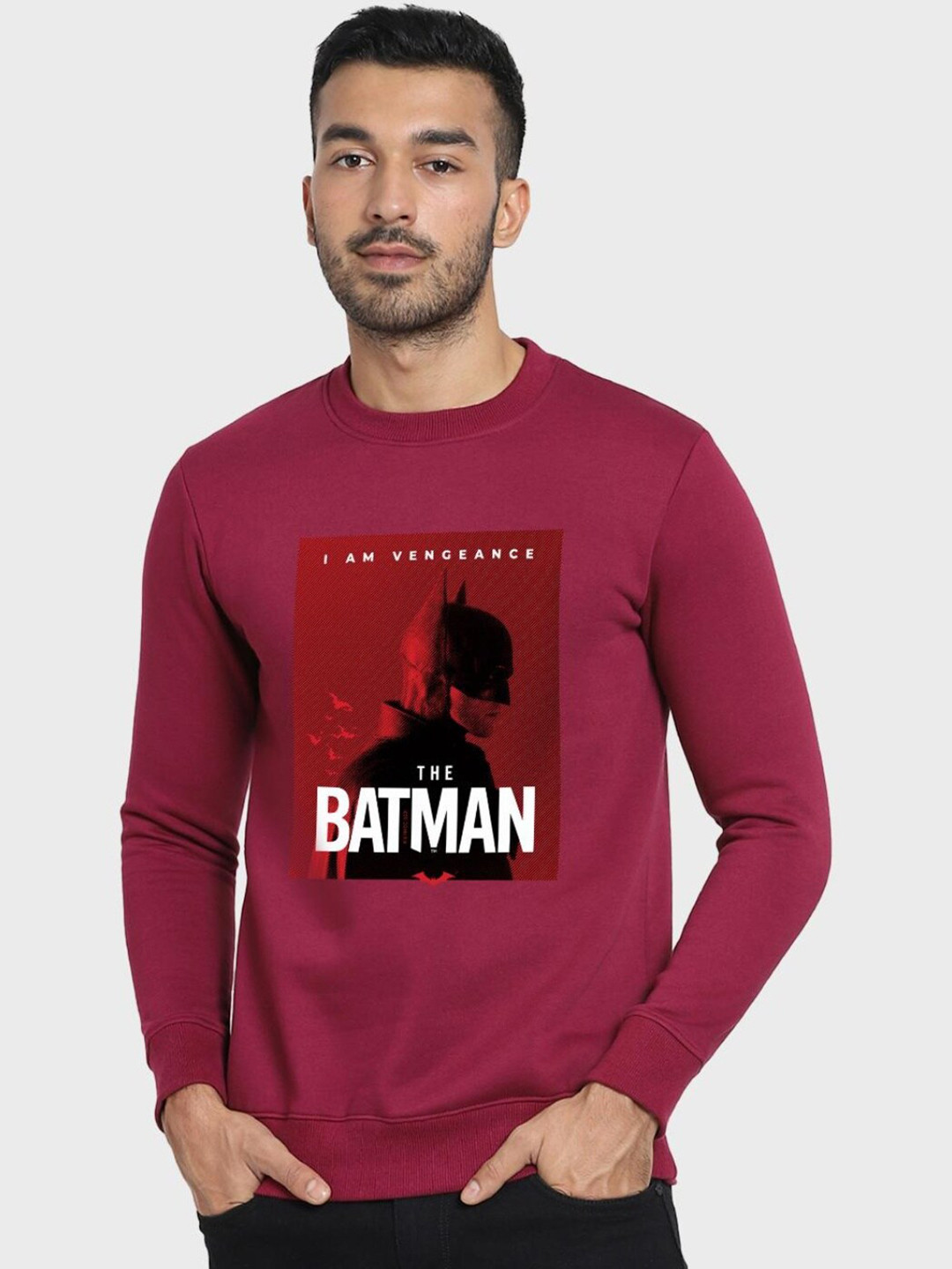 

Bewakoof Men Printed Cotton Sweatshirt, Magenta