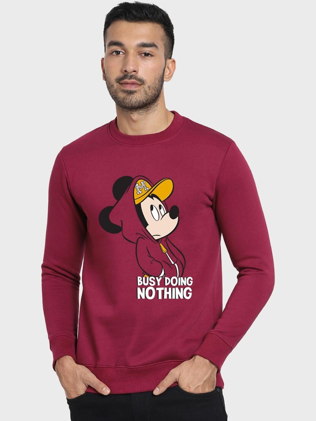 

Bewakoof Men Burgundy Mickey Mouse Printed Fleece Sweatshirt
