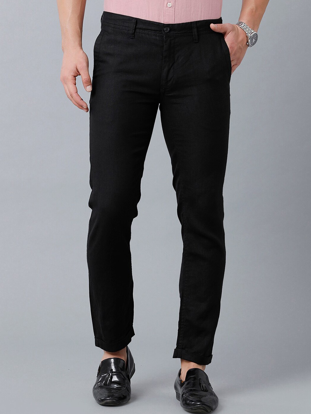 

Linen Club Men Pure Linen Slim Fit Sustainable Trouserss, Black