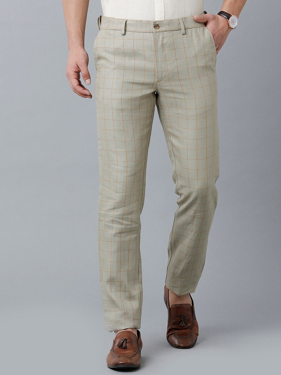 

Linen Club Men Checked Slim Fit Sustainable Trouserss, Red