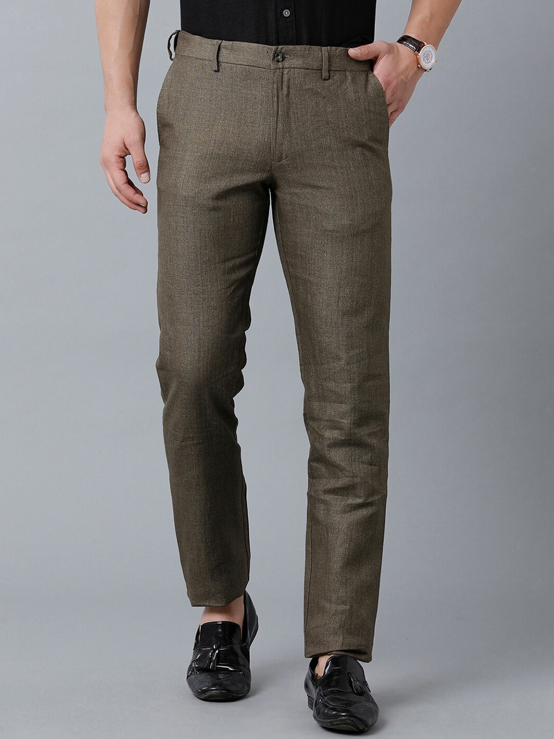 

Linen Club Men Slim Fit Pure Linen Regular Sustainable Trousers, Brown