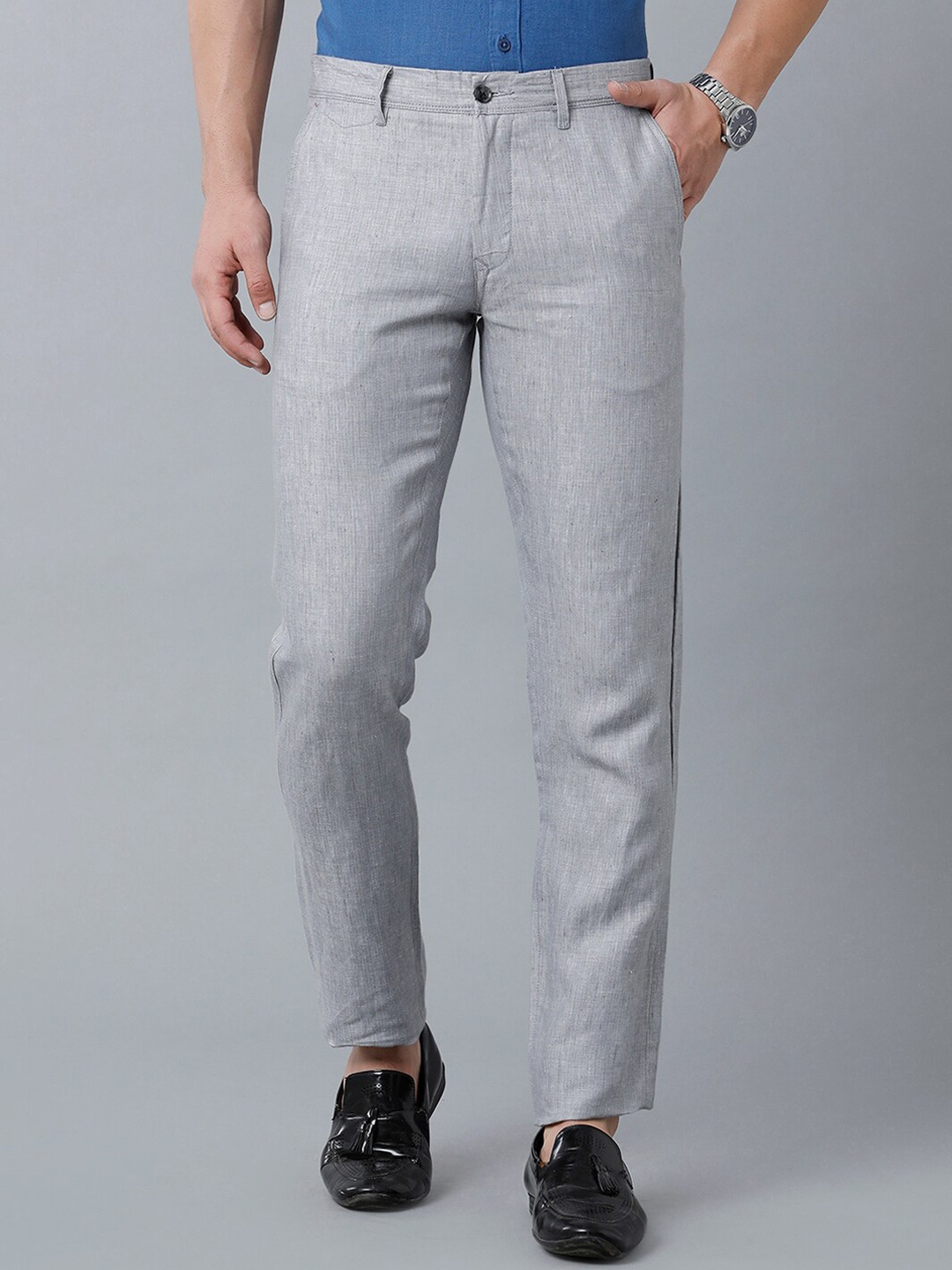 

Linen Club Men Textured Slim Fit Linen Sustainable Trousers, Grey