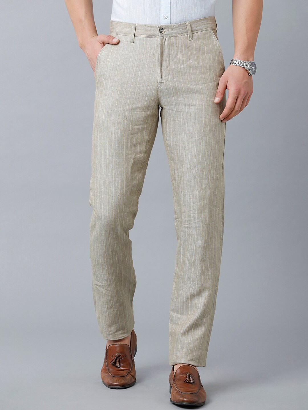 

Linen Club Men Striped Slim Fit Trousers, Beige
