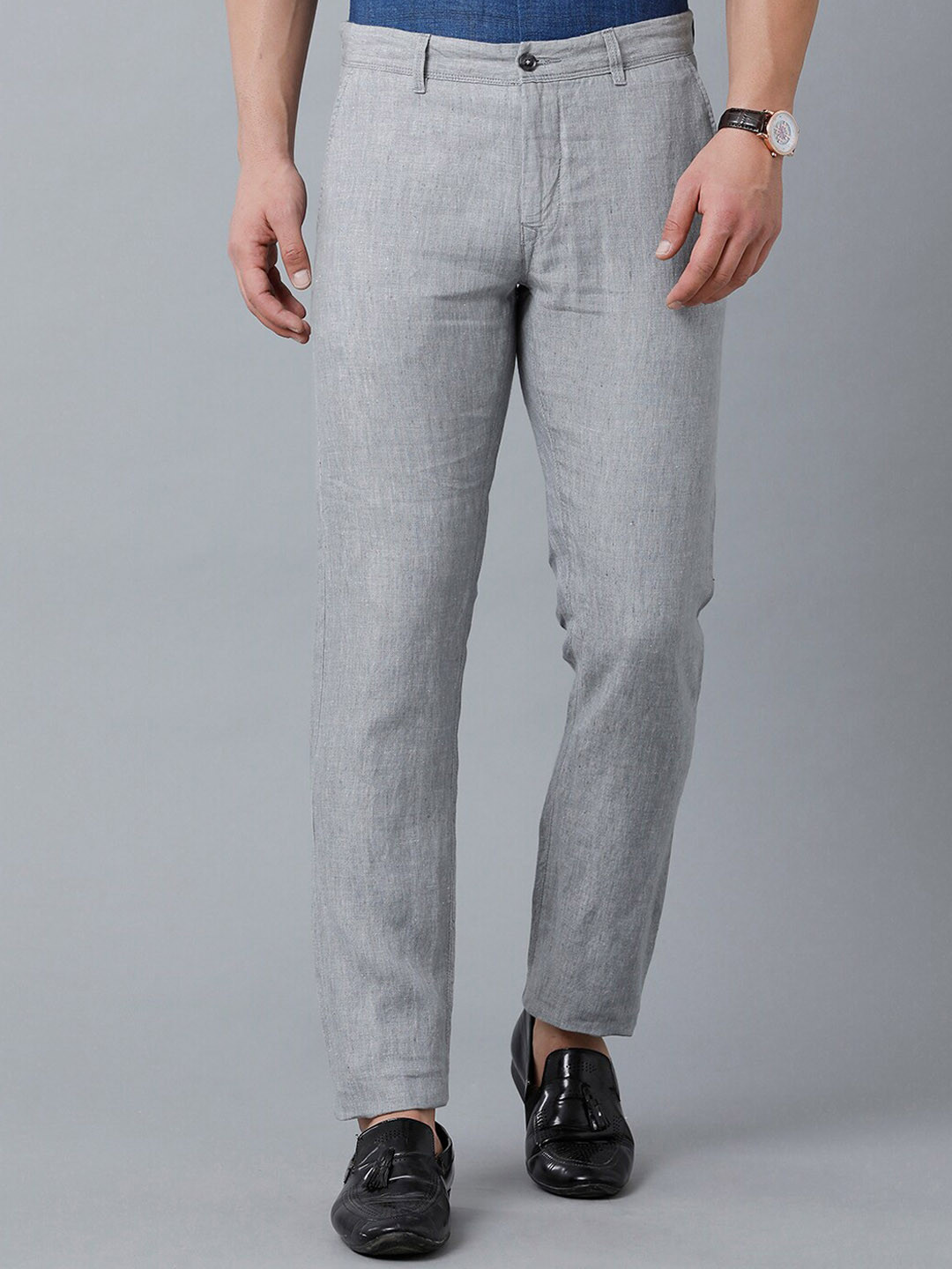 

Linen Club Men Textured Slim Fit Linen Sustainable Trousers, Grey