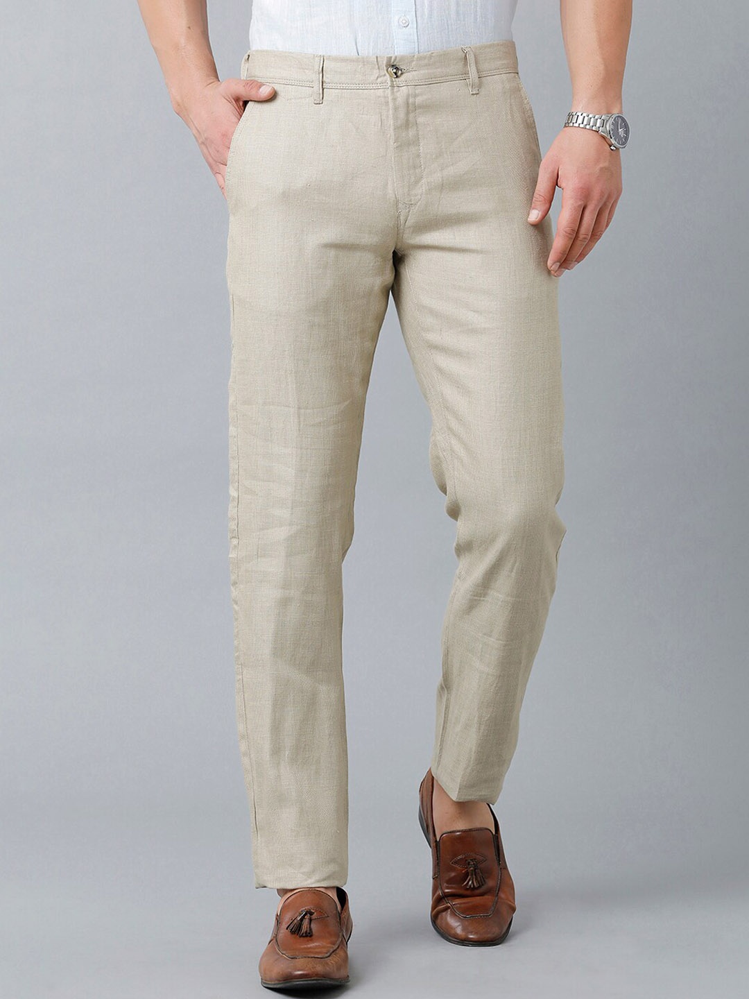 

Linen Club Men Textured Pure Linen Slim Fit Sustainable Trouserss, Beige
