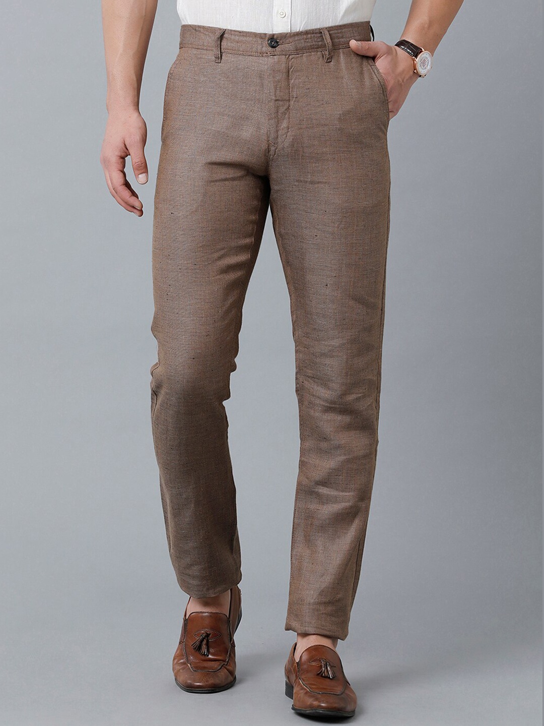 

Linen Club Men Slim Fit Linen Sustainable Trousers, Brown