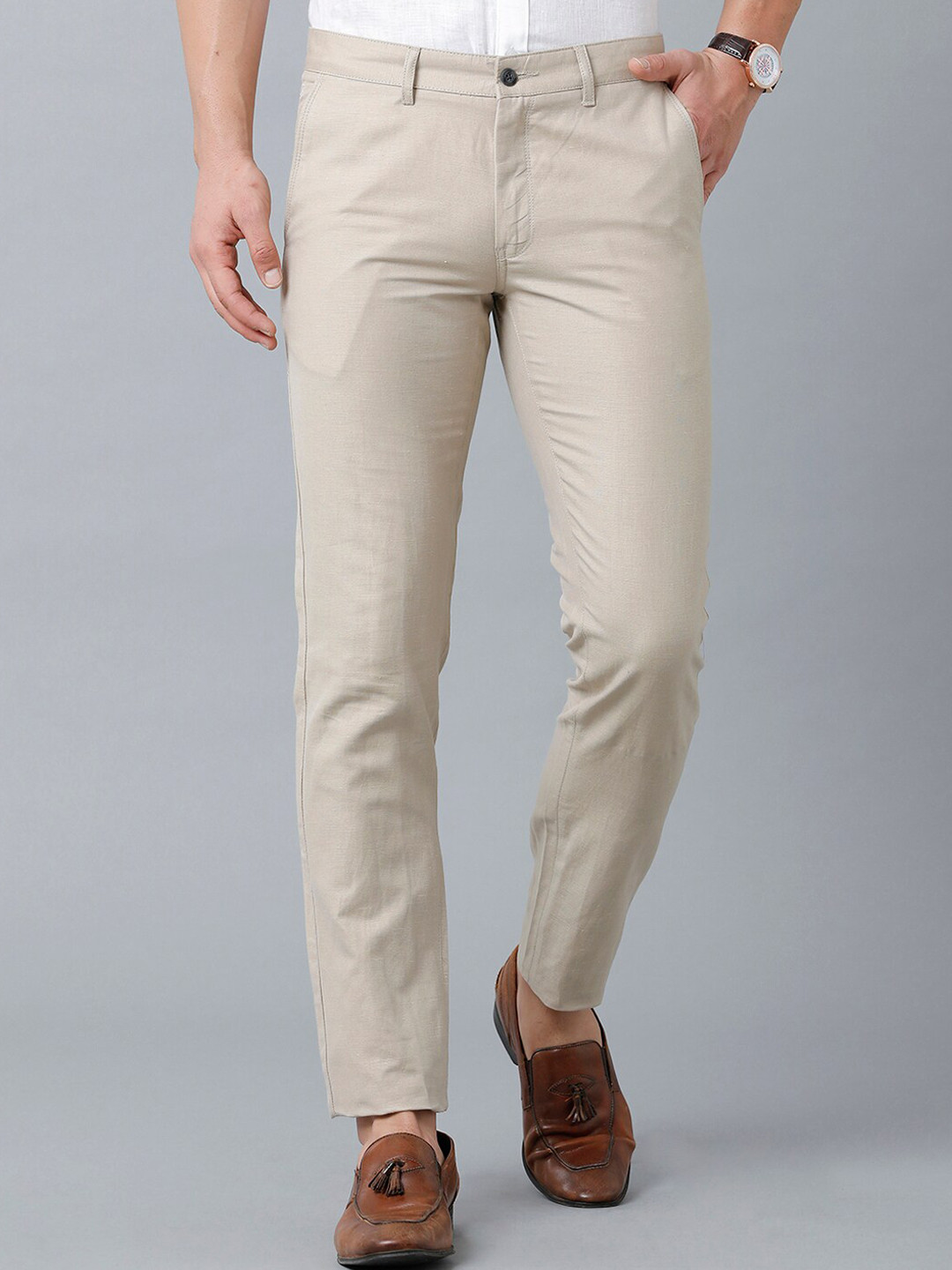 

Linen Club Men Textured Slim Fit Linen Sustainable Trousers, Beige