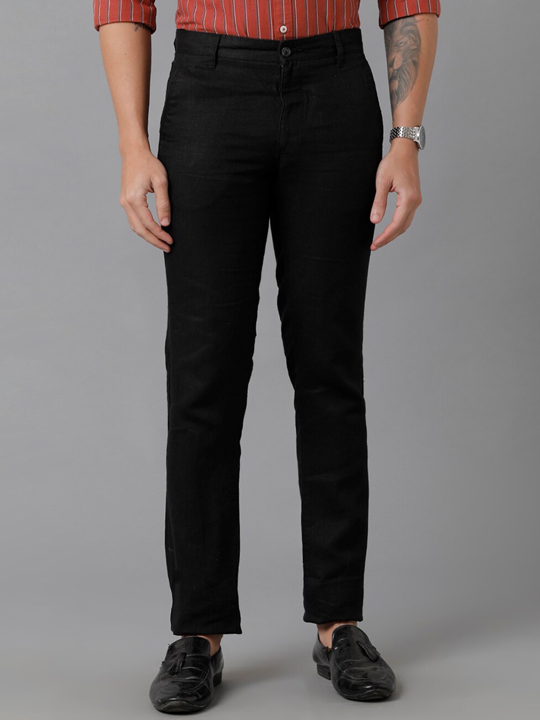 

Linen Club Men Solid Pure Linen Slim Fit Formal RegularTrouserss, Black