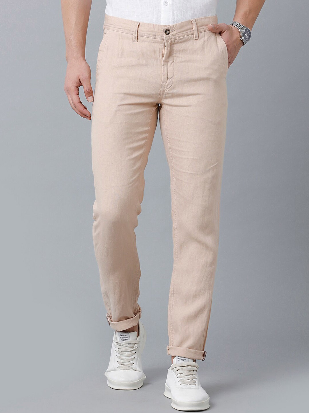 

Linen Club Men Slim Fit Pure Linen Sustainable Trousers, Peach