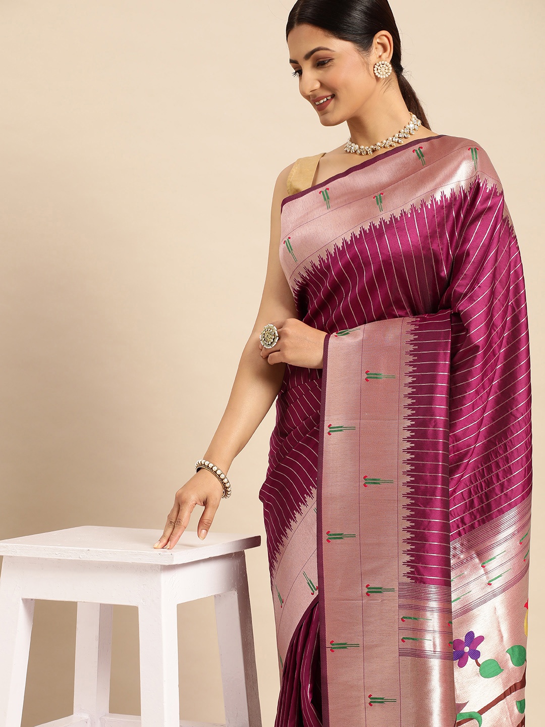 

APPLIX STYLE Striped Zari Pure Silk Banarasi Saree, Purple