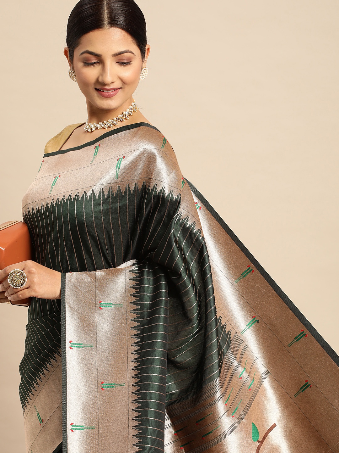 

APPLIX STYLE Striped Zari Pure Silk Banarasi Saree, Green
