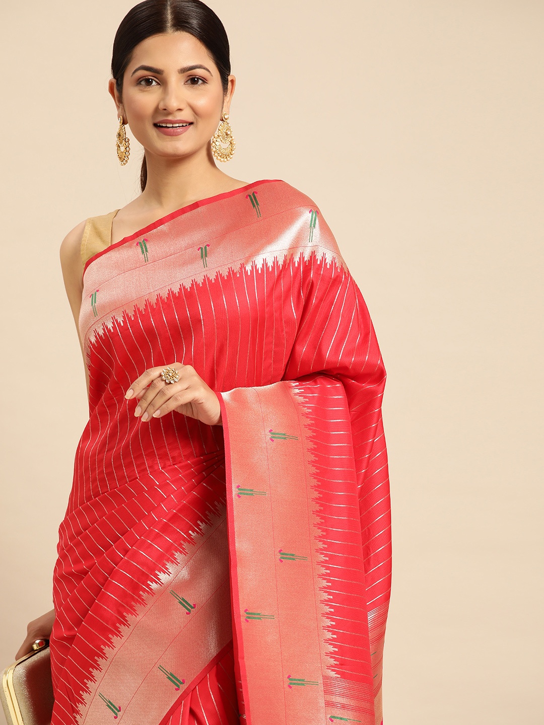 

APPLIX STYLE Striped Zari Pure Silk Banarasi Saree, Red