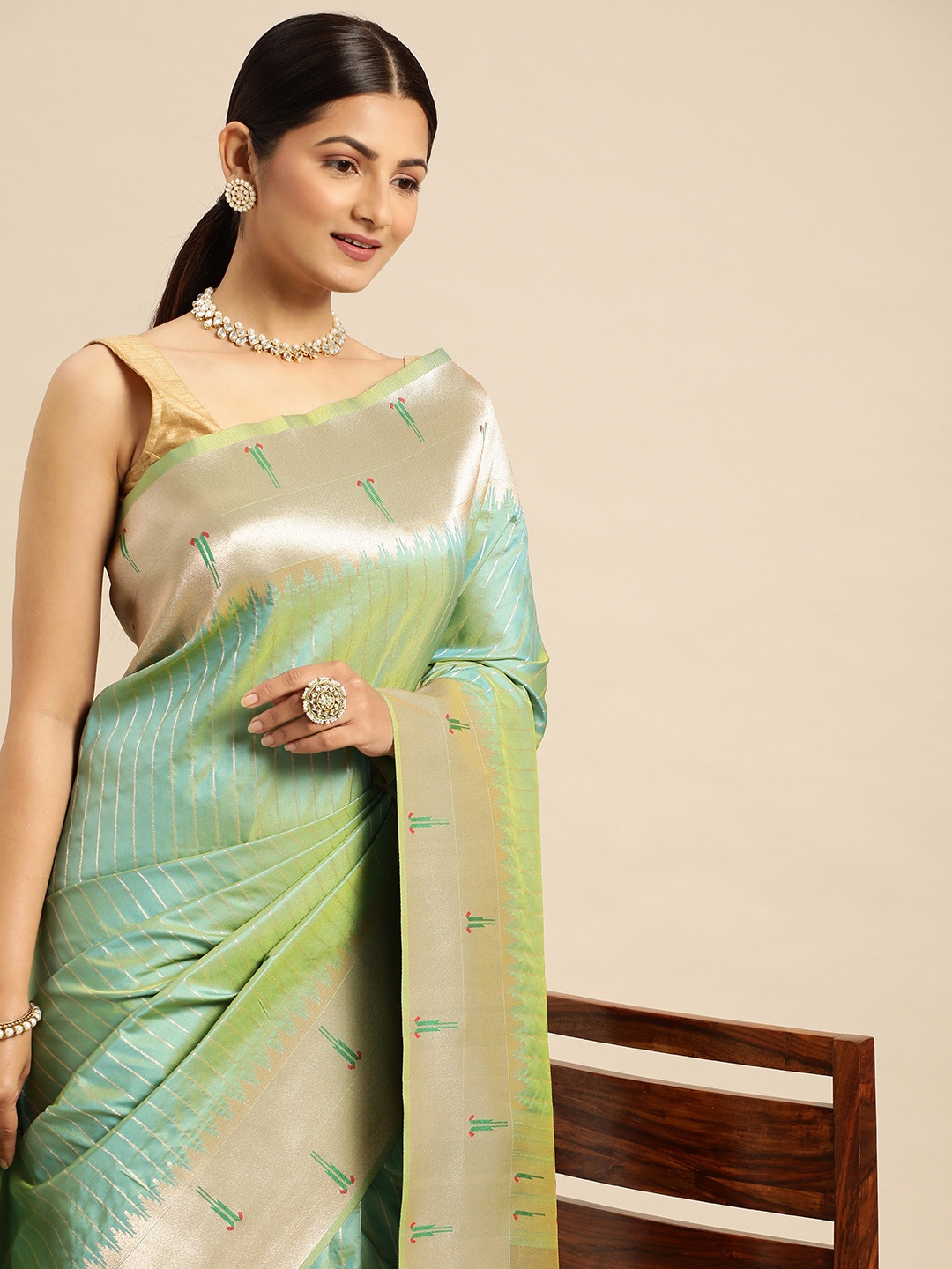 

APPLIX STYLE Striped Zari Pure Silk Banarasi Saree, Lime green