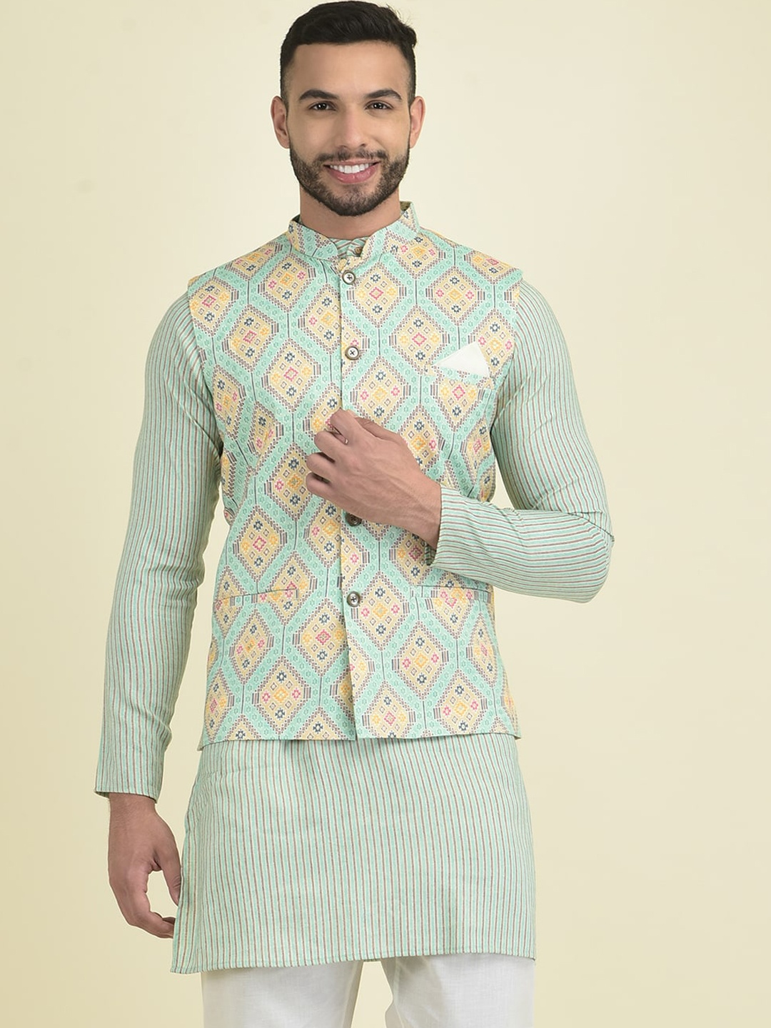 

DEYANN Men Printed Pure Cotton Kurta with Pyjamas, Sea green