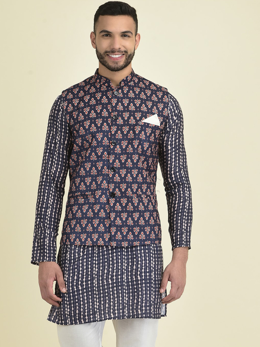 

DEYANN Men Ethnic Motifs Printed Kurta with Pyjamas, Navy blue