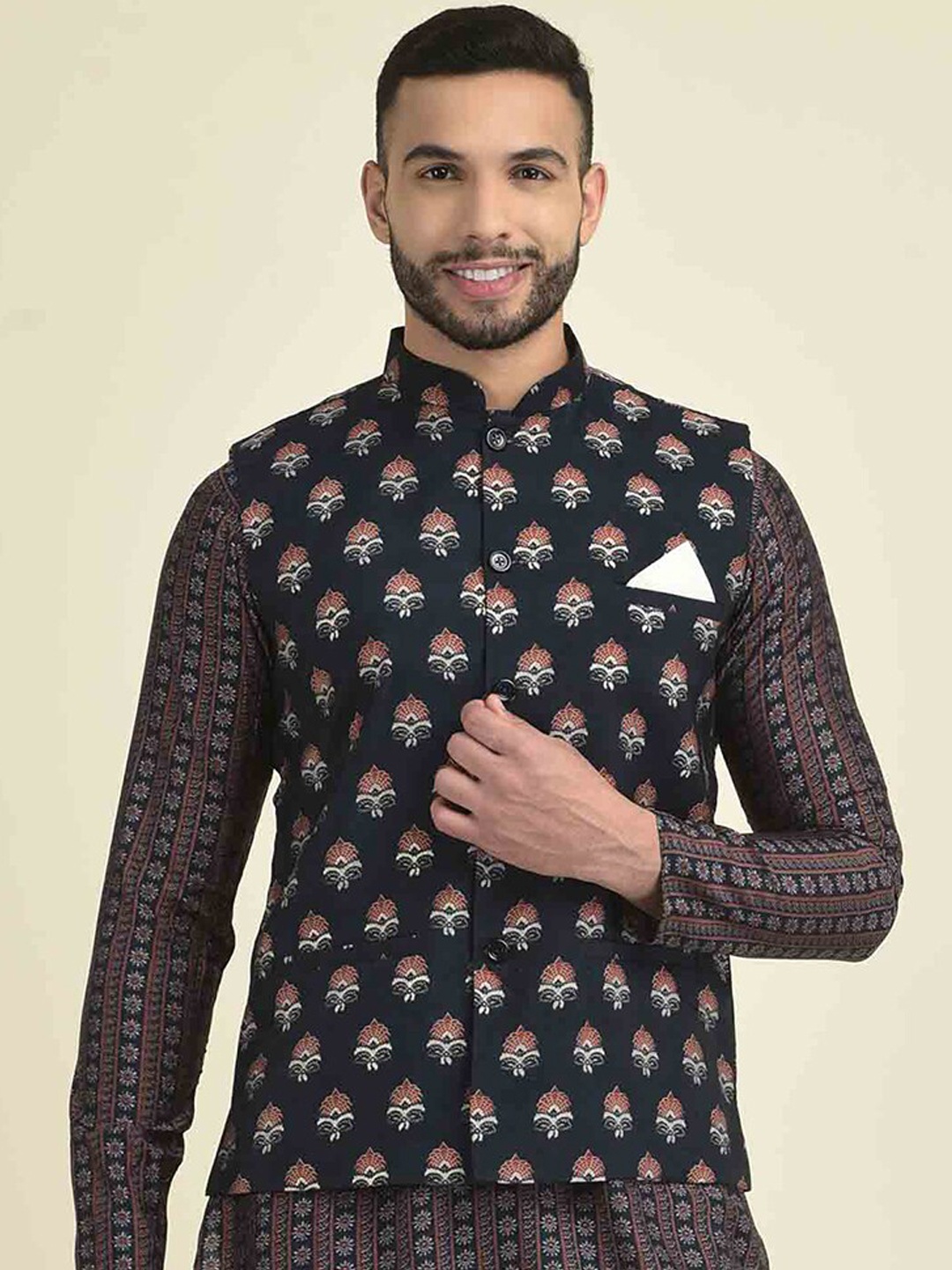 

DEYANN Men Navy Blue Ethnic Motifs Printed Pure Cotton Kurta with Pyjamas