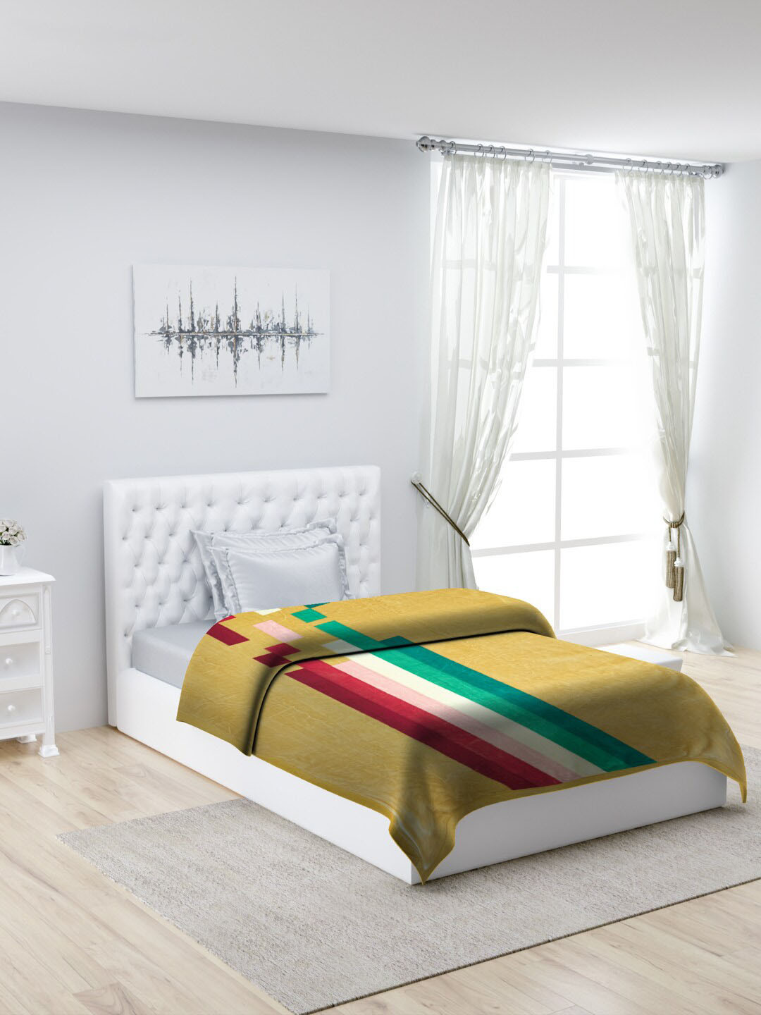 

Monte Carlo Yellow & Green Striped Printed Mild Winter 950 GSM Single Bed Blanket