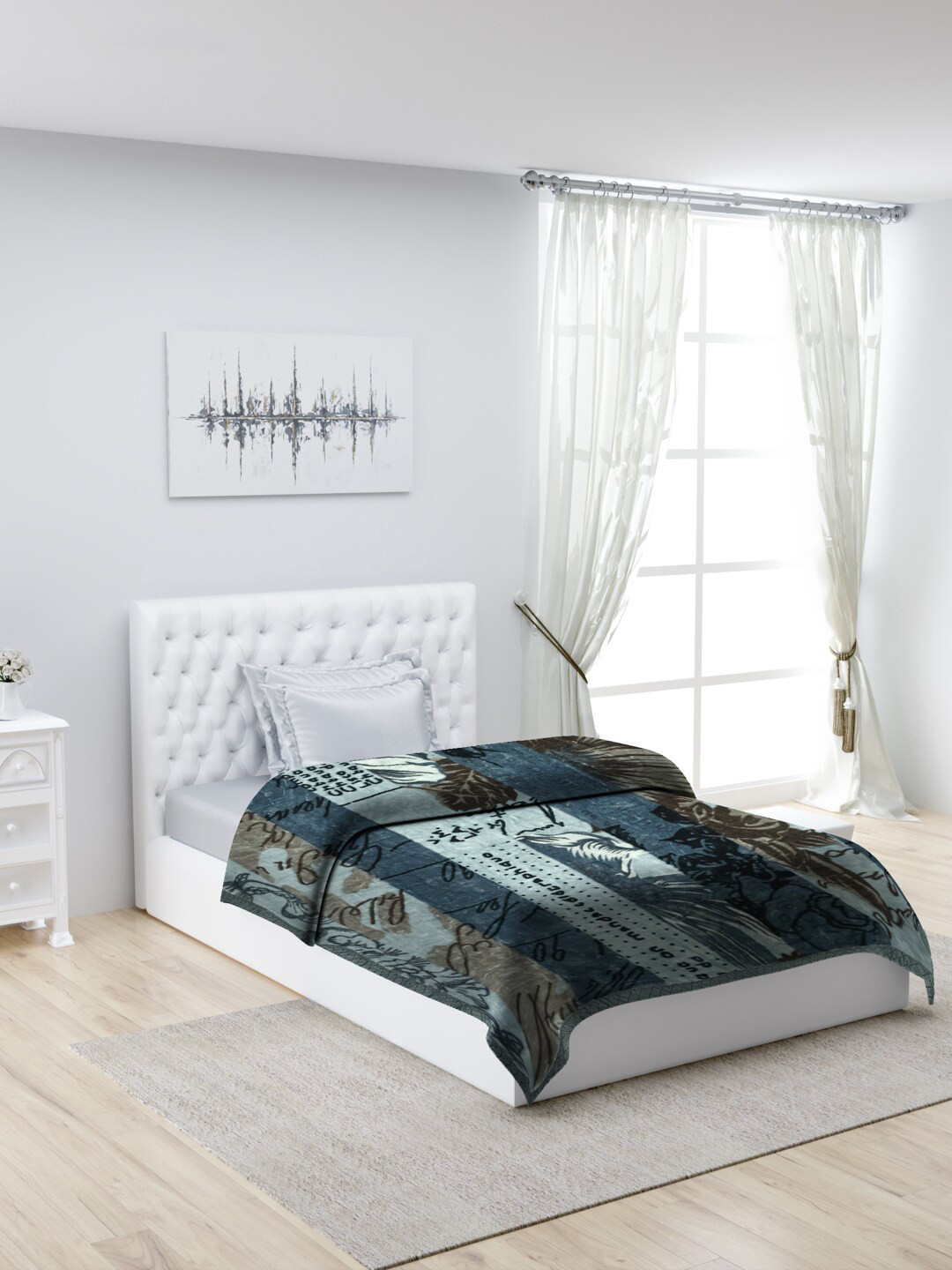 

Monte Carlo Mink Blue & Grey Floral & Typography Printed Heavy Winter Single Bed Blanket