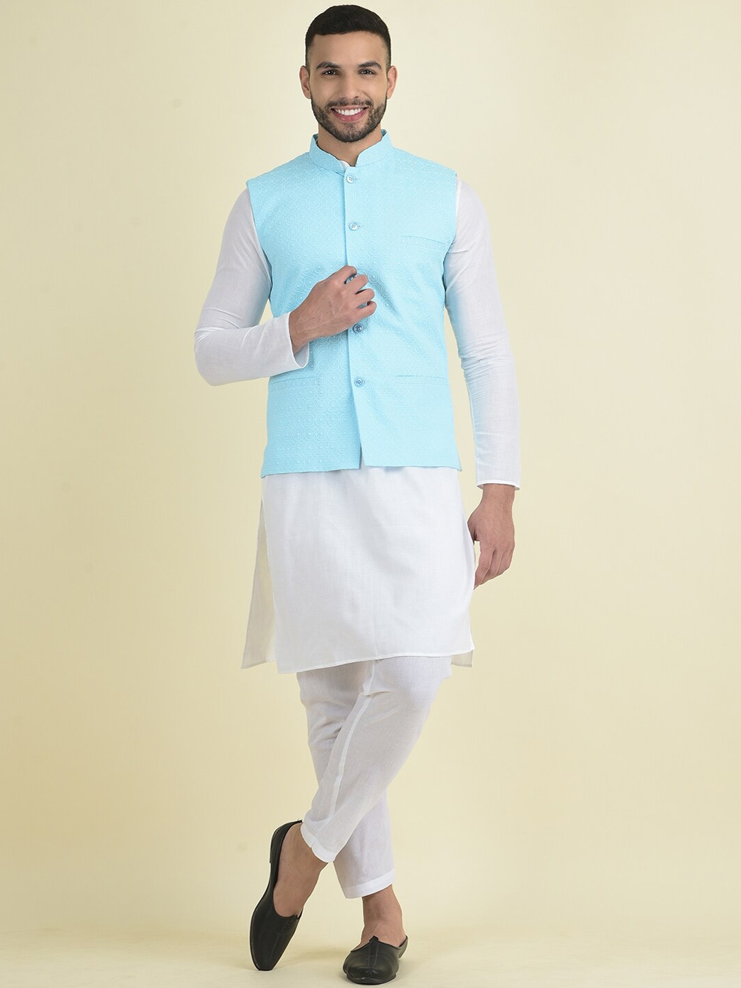 

DEYANN Men Ethnic Motifs Printed Pure Cotton Kurta with Pyjamas, Blue
