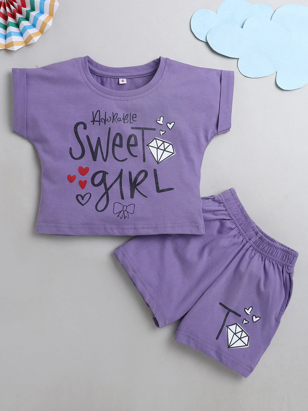 

The Magic Wand Girls Printed Pure Cotton Top with Shorts, Purple