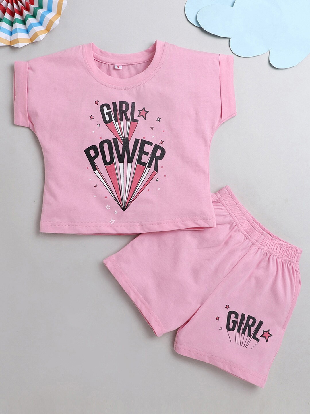 

The Magic Wand Girls Pure Cotton Printed T-shirt with Shorts, Pink