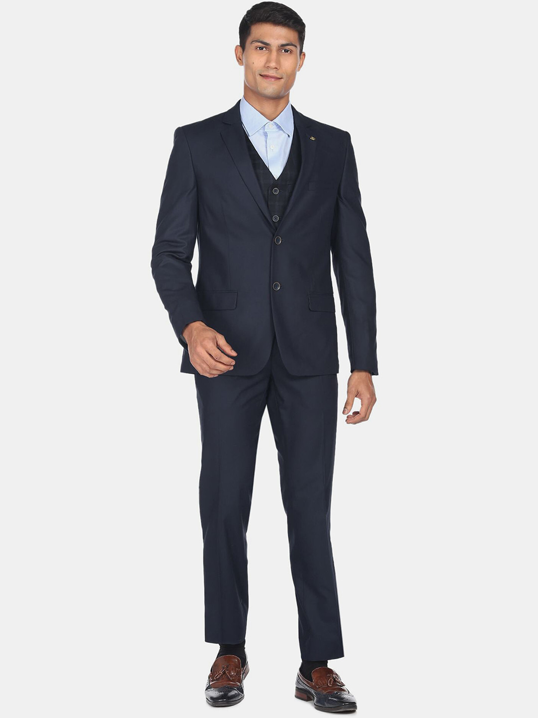 

AD By Arvind Men Self-Designed Single-Breasted Three-Piece Suit, Navy blue