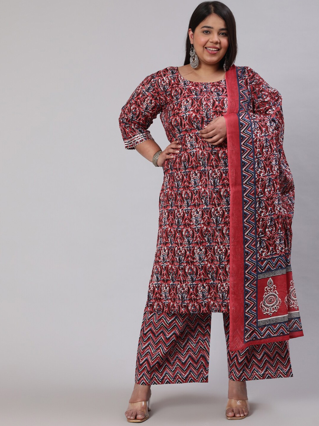 

Nayo Women Maroon Floral Printed Pure Cotton Kurta with Palazzos & With Dupatta