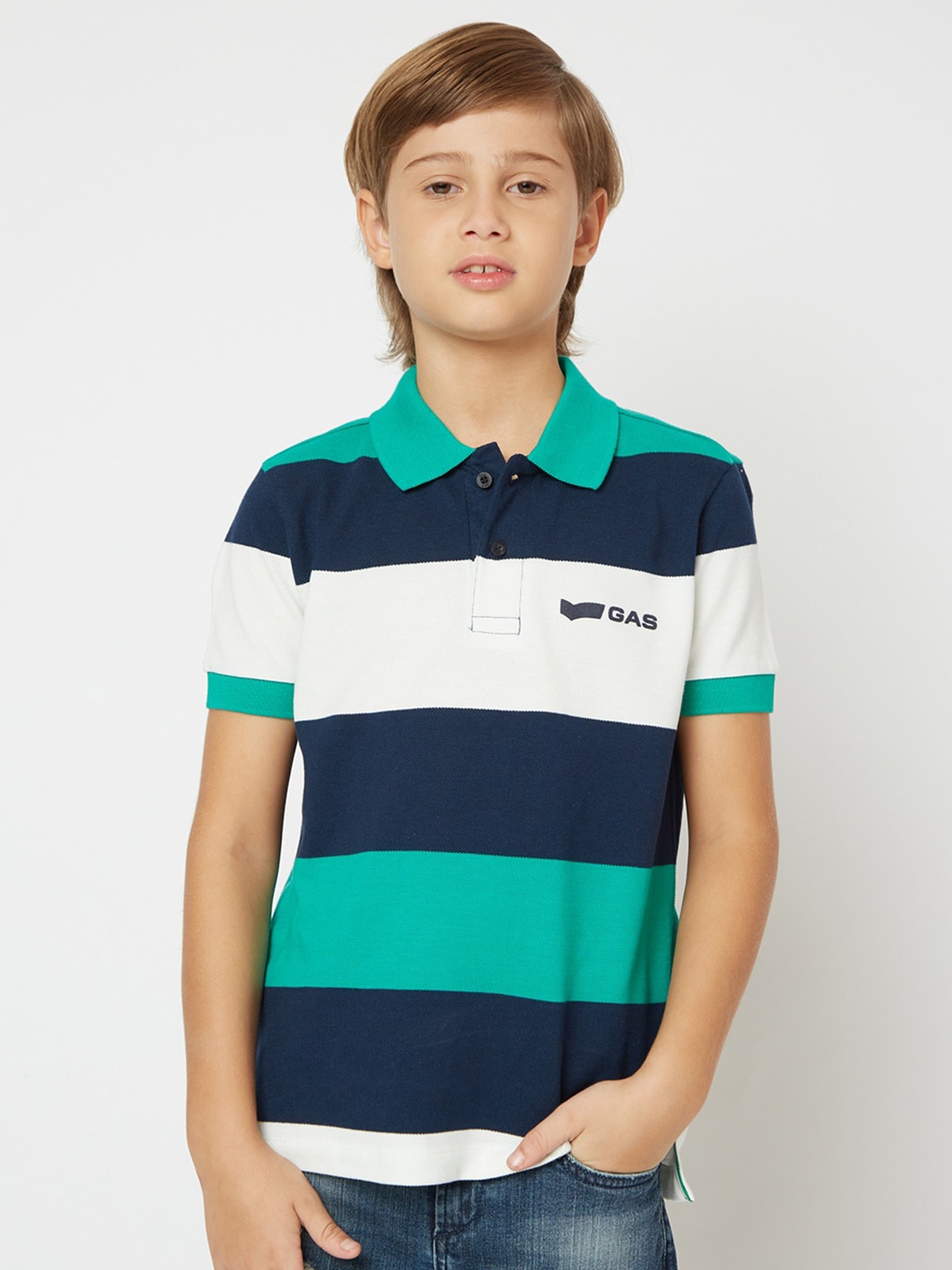 

GAS Boys Striped Polo Collar Cotton T-shirt, Navy blue