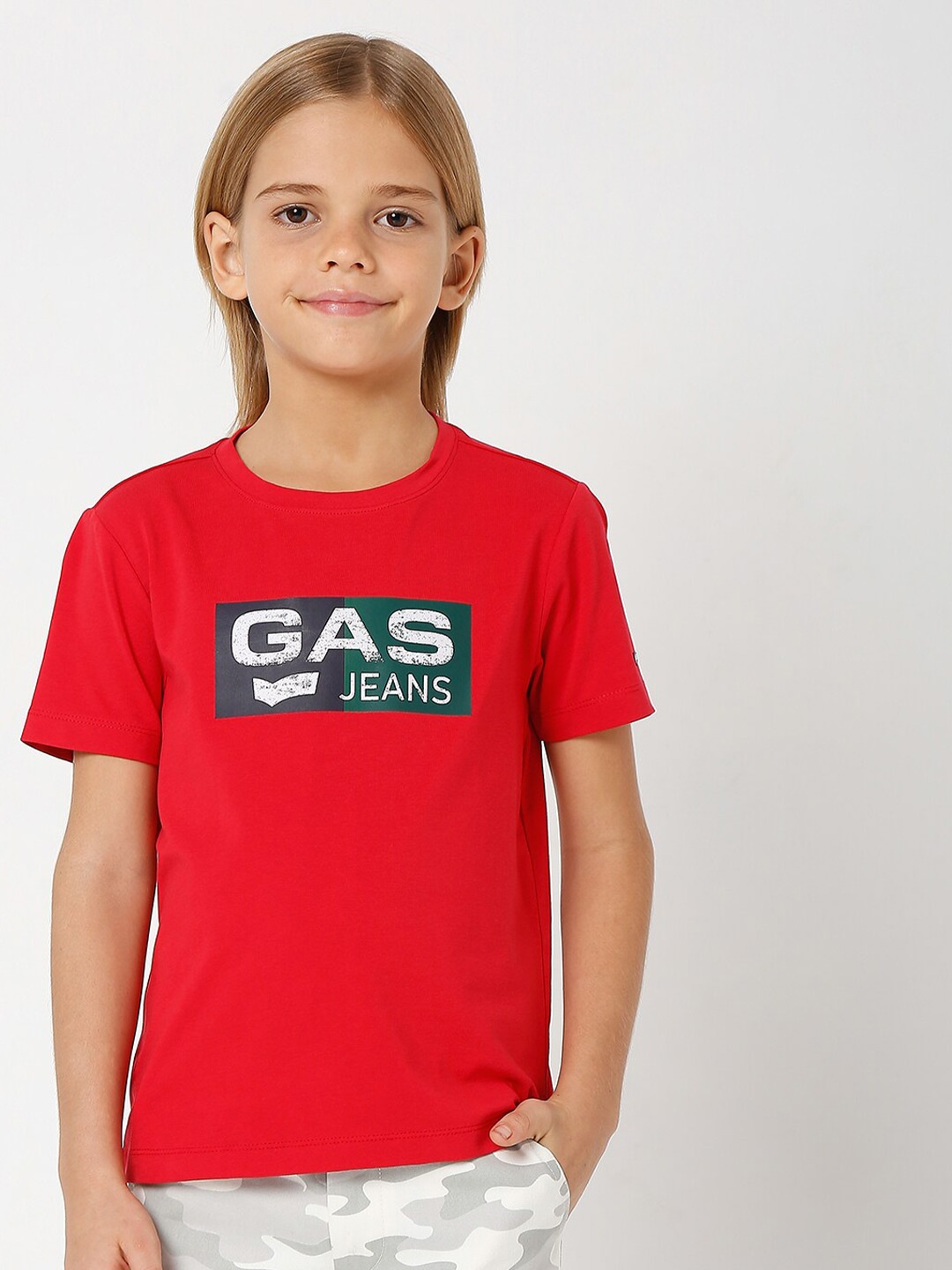 GAS Boys Brand Logo Printed T-shirt, Red