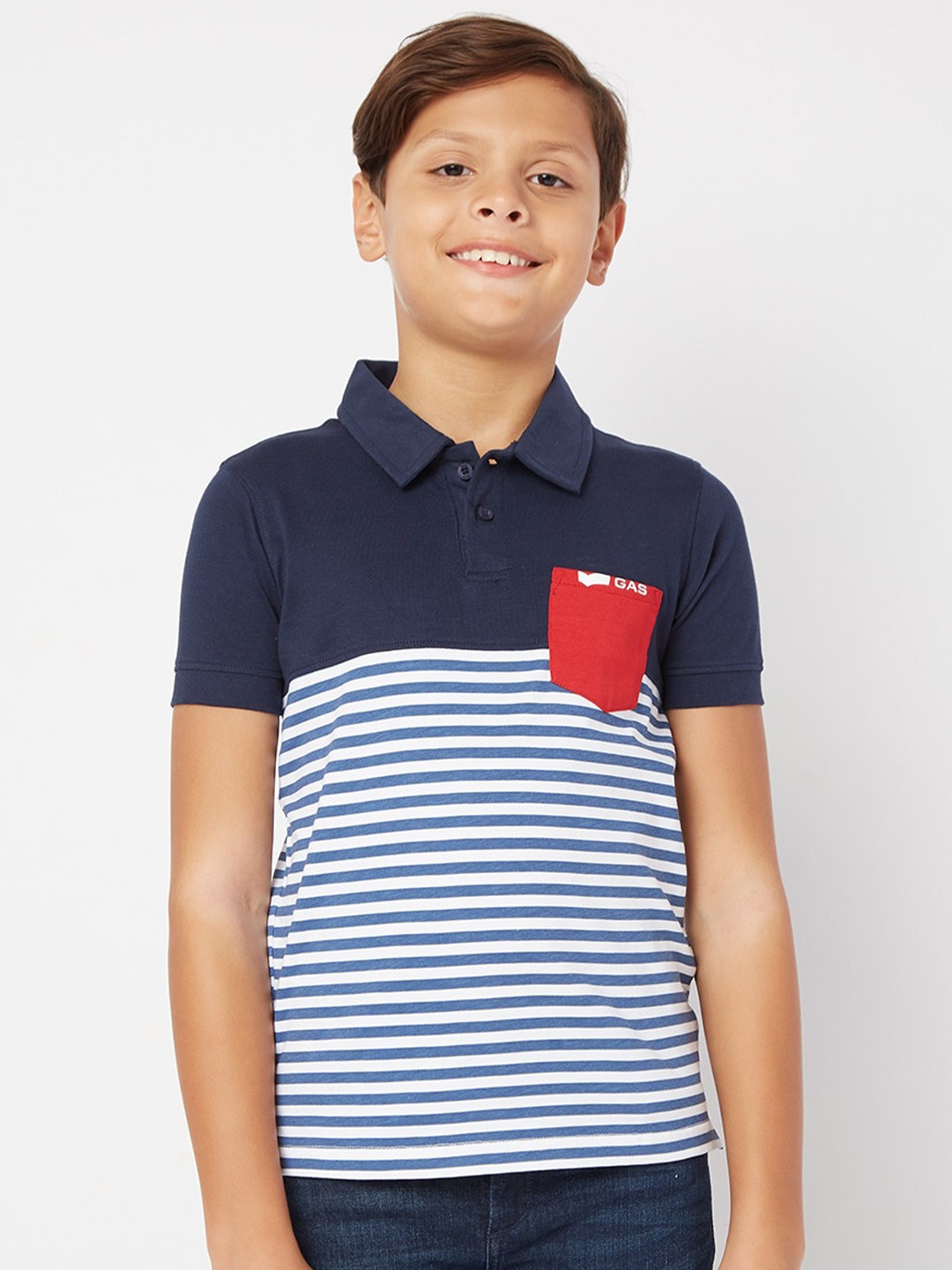 

GAS Boys Striped Polo Collar Cotton T-shirt, Navy blue