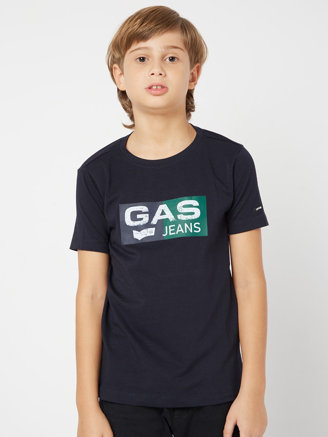 GAS Boys Typography Printed Cotton T-shirt, Navy blue