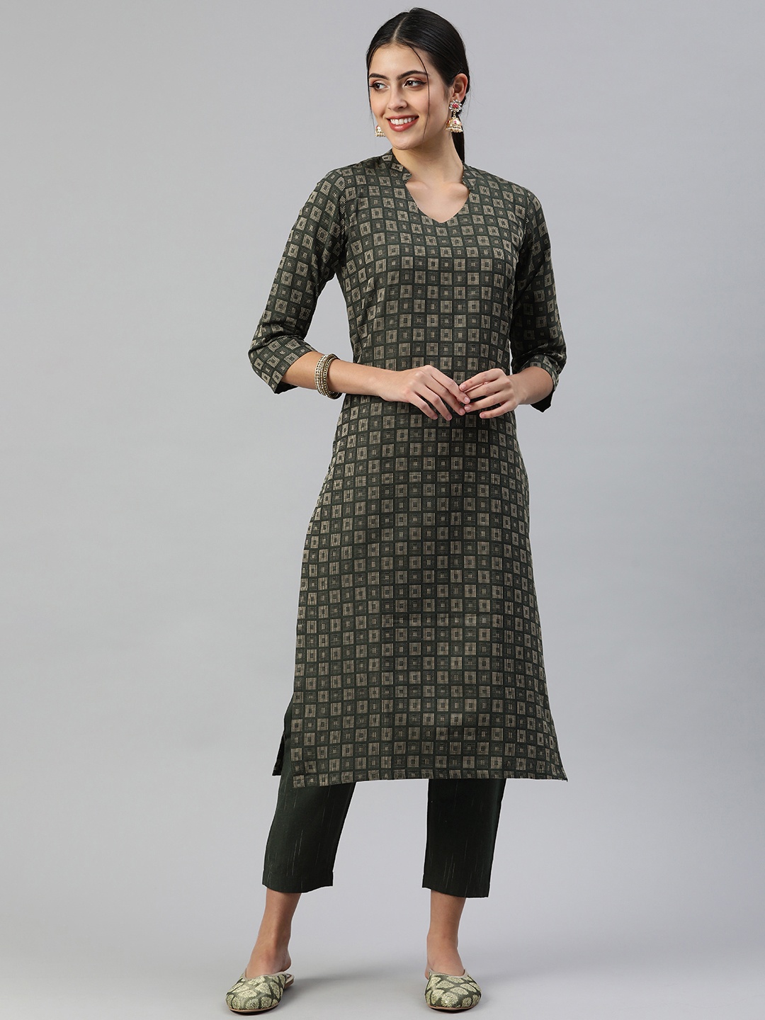 

KALINI Women Kantha Work Pure Cotton Kurta With Trousers, Green