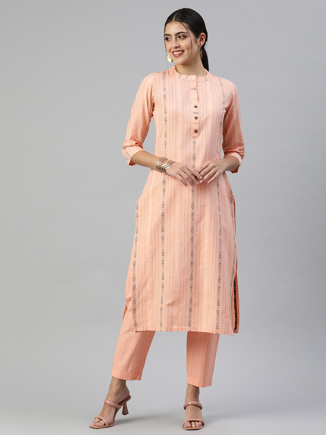 

KALINI Women Mandarin Collar Pure Cotton Kurta With Trousers, Peach