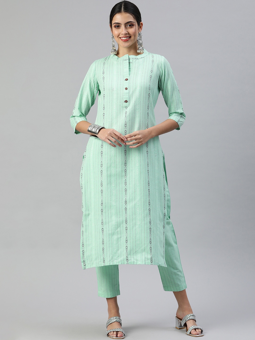 

KALINI Women Woven Design Pure Cotton Kurta With Trousers, Green