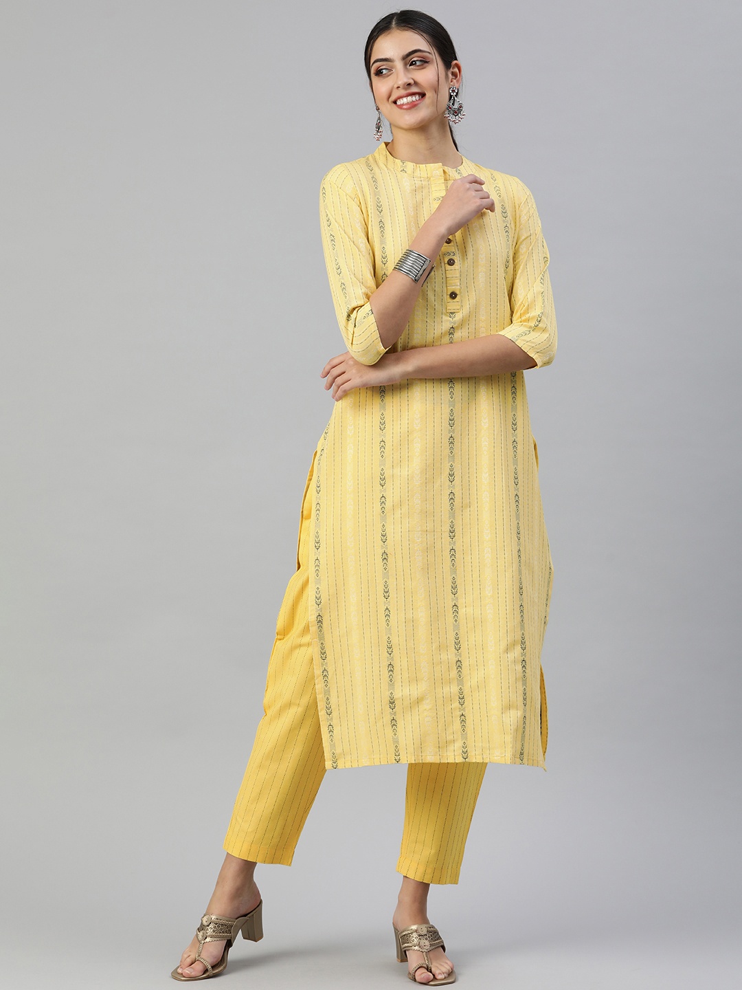 

KALINI Women Woven Design Pure Cotton Kurta With Trousers, Yellow