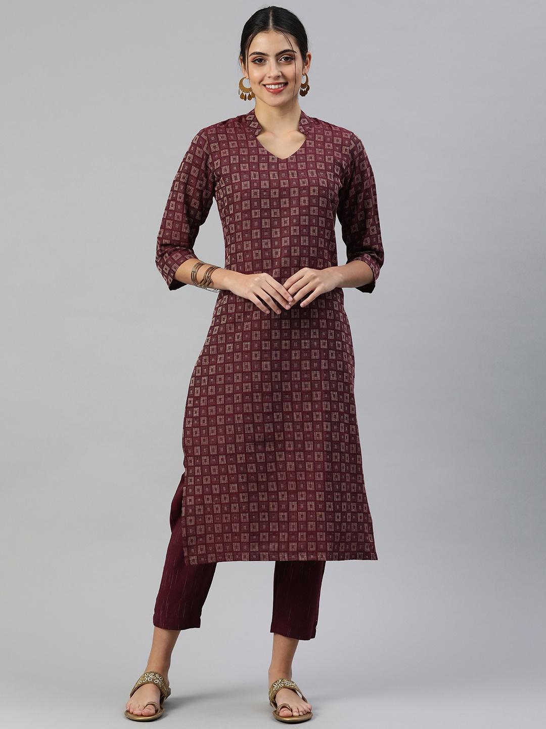 

KALINI Women Woven Design Pure Cotton Kurta With Trousers, Maroon