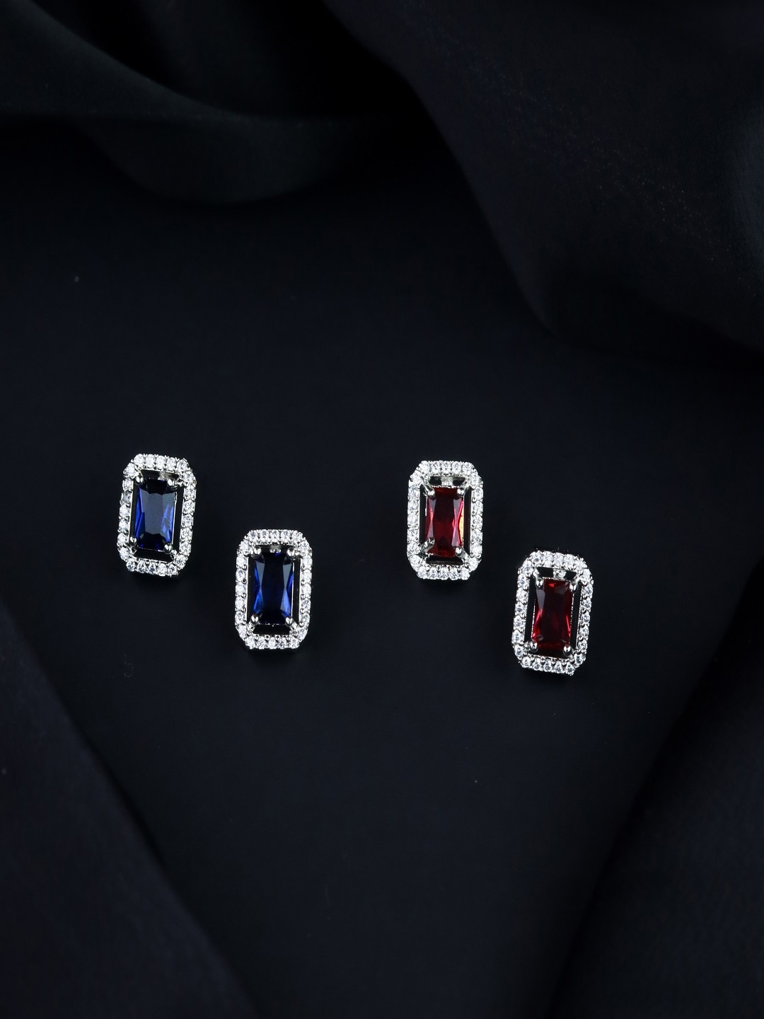 

I Jewels Set Of 2 Silver-Plated Contemporary Studs Earrings, Blue
