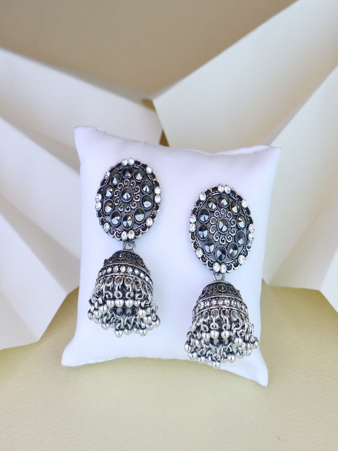 

I Jewels Silver-Plated Oxidised Contemporary Jhumkas Earrings, White